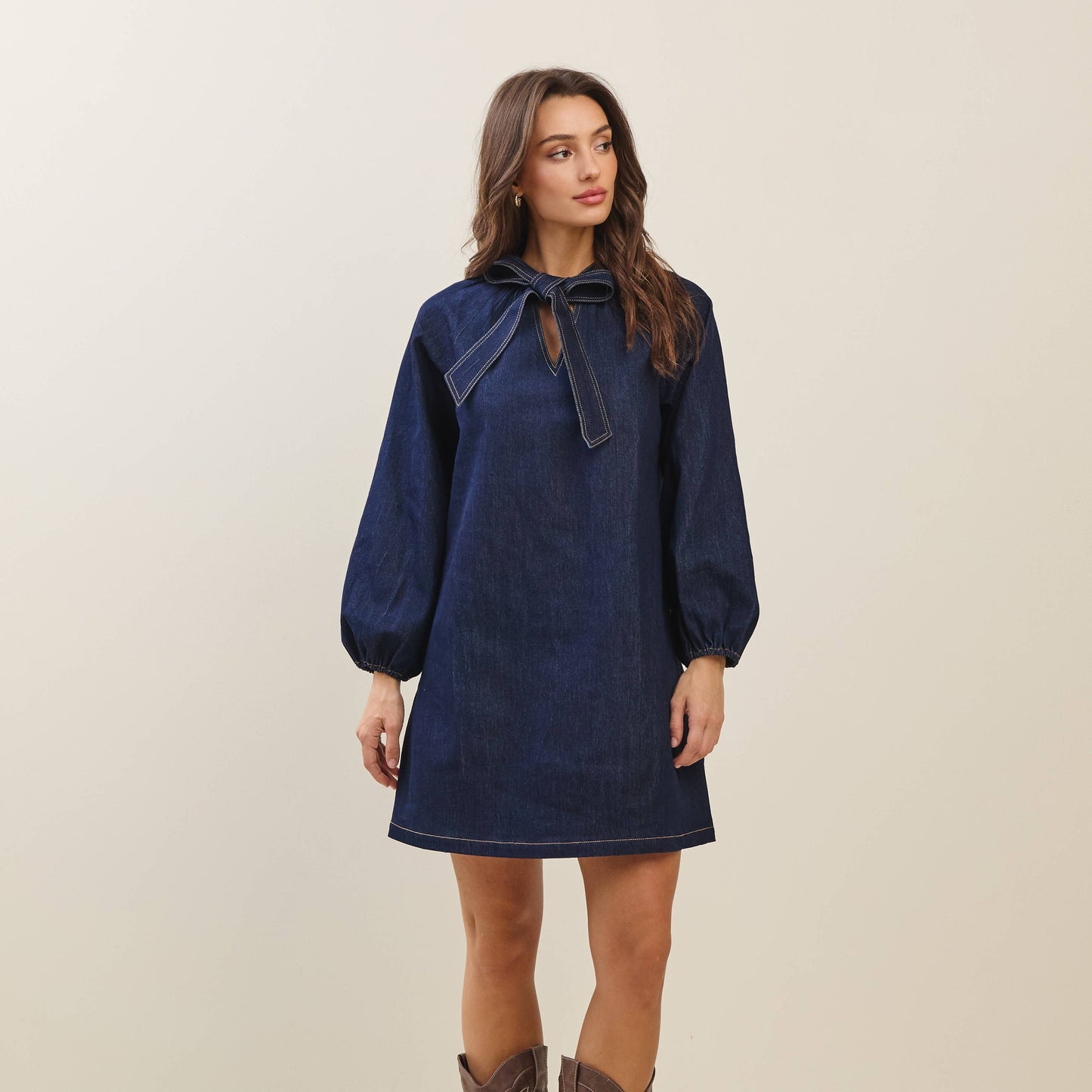 Indigo Bow Front Denim Mini Dress