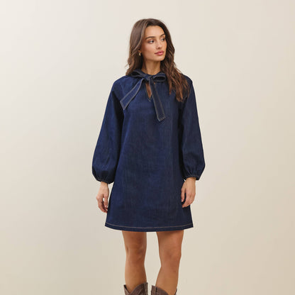 Indigo Bow Front Denim Mini Dress