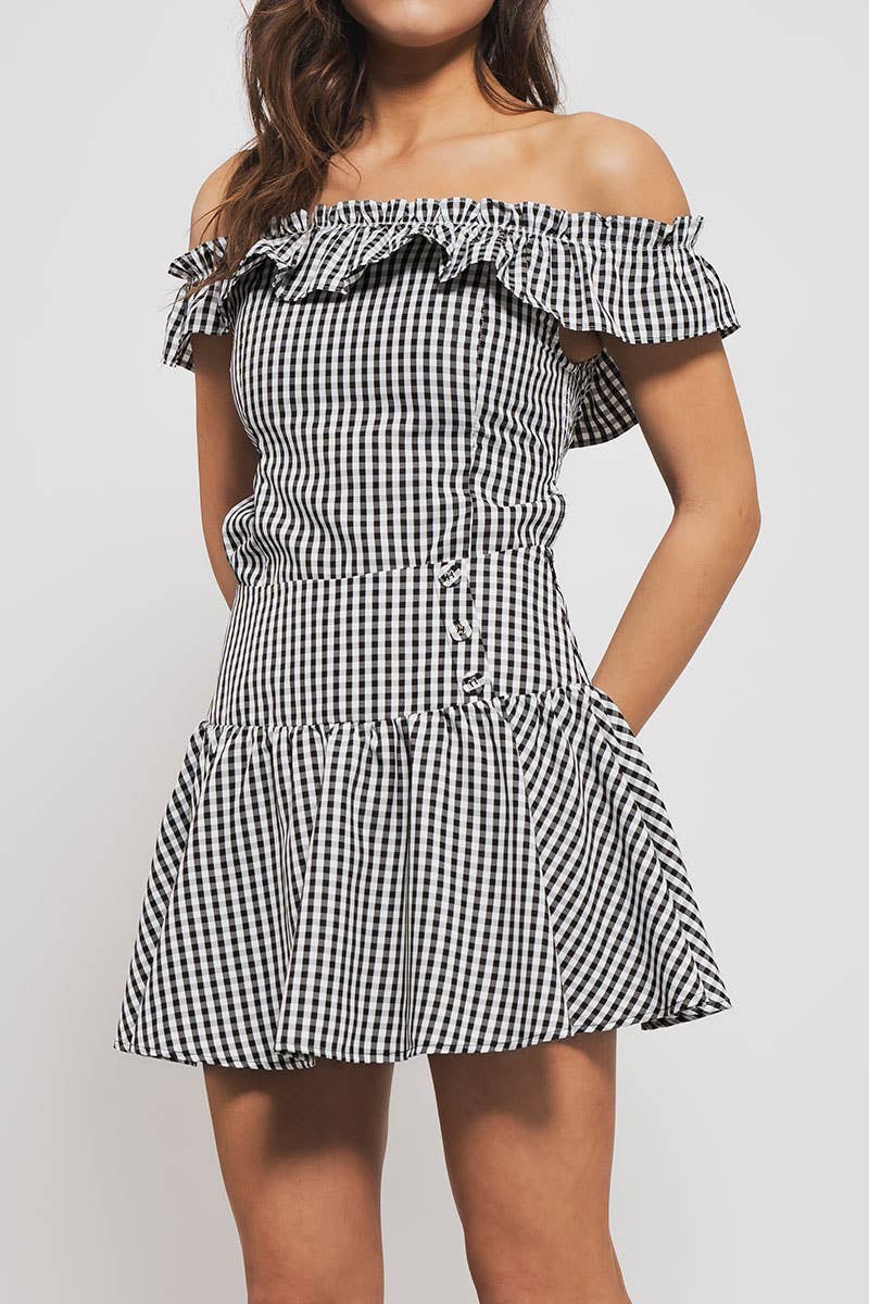 Midnight Picnic Gingham Ruffle Crop Top – Black