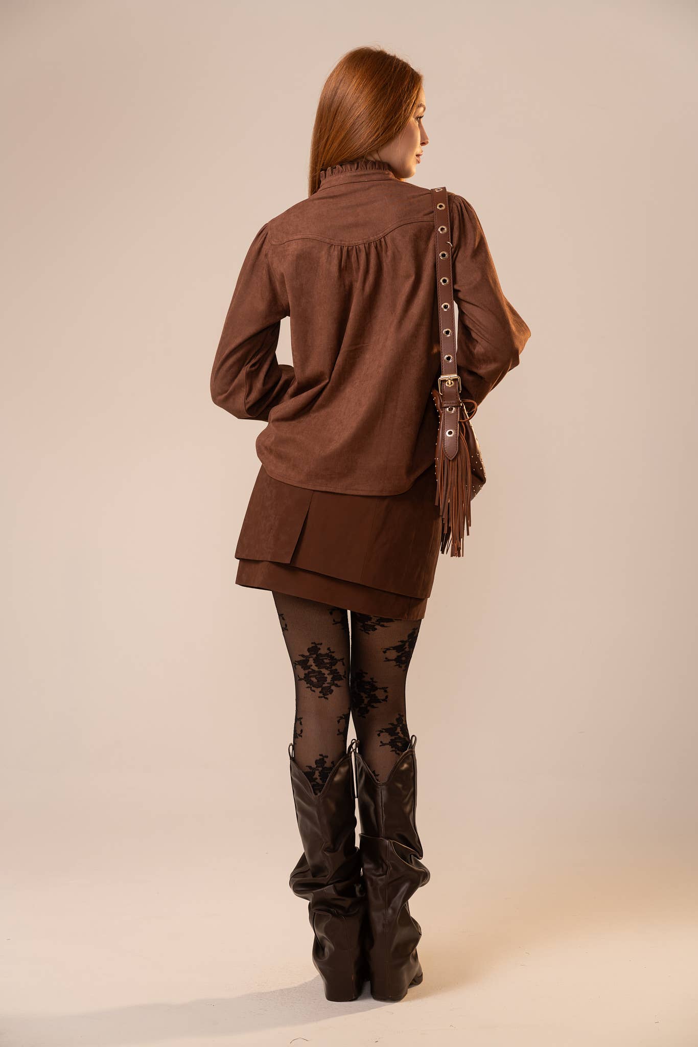 Suede Ruffle Snap Western Blouse