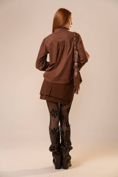 Suede Ruffle Snap Western Blouse