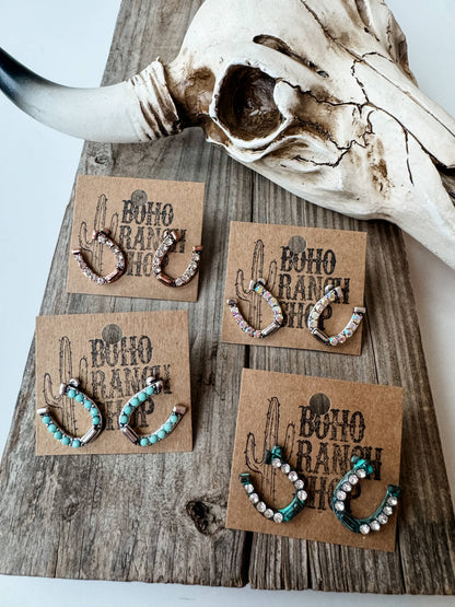 Copper Rhinestone Horseshoe Stud Earrings