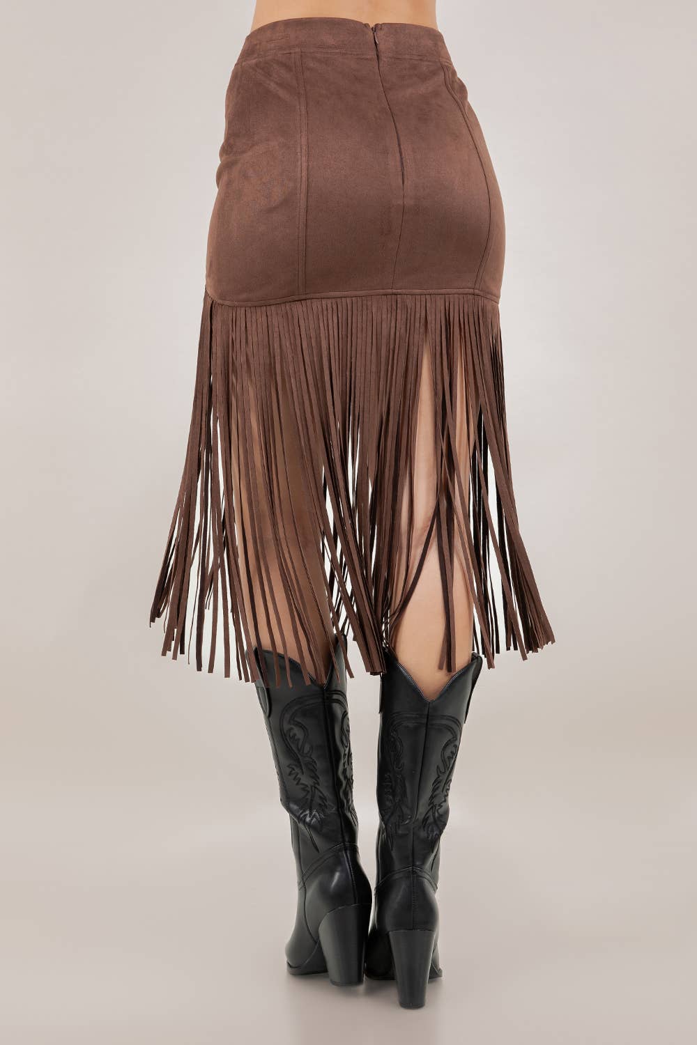 Whiskey Nights Chocolate Fringe Faux Suede Midi Skirt