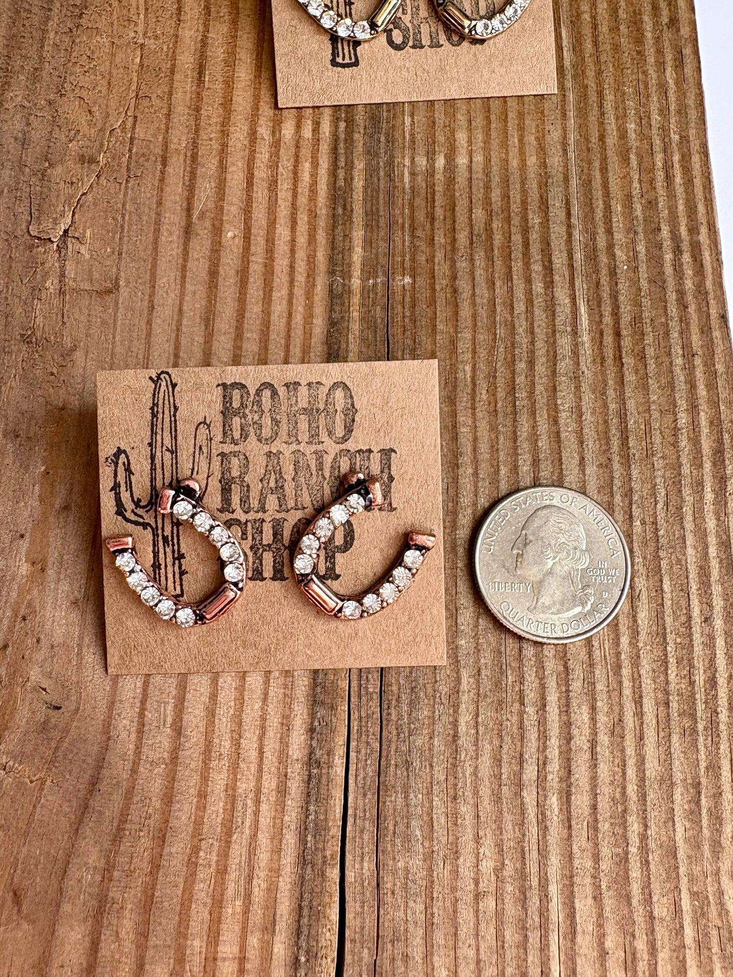 Copper Rhinestone Horseshoe Stud Earrings
