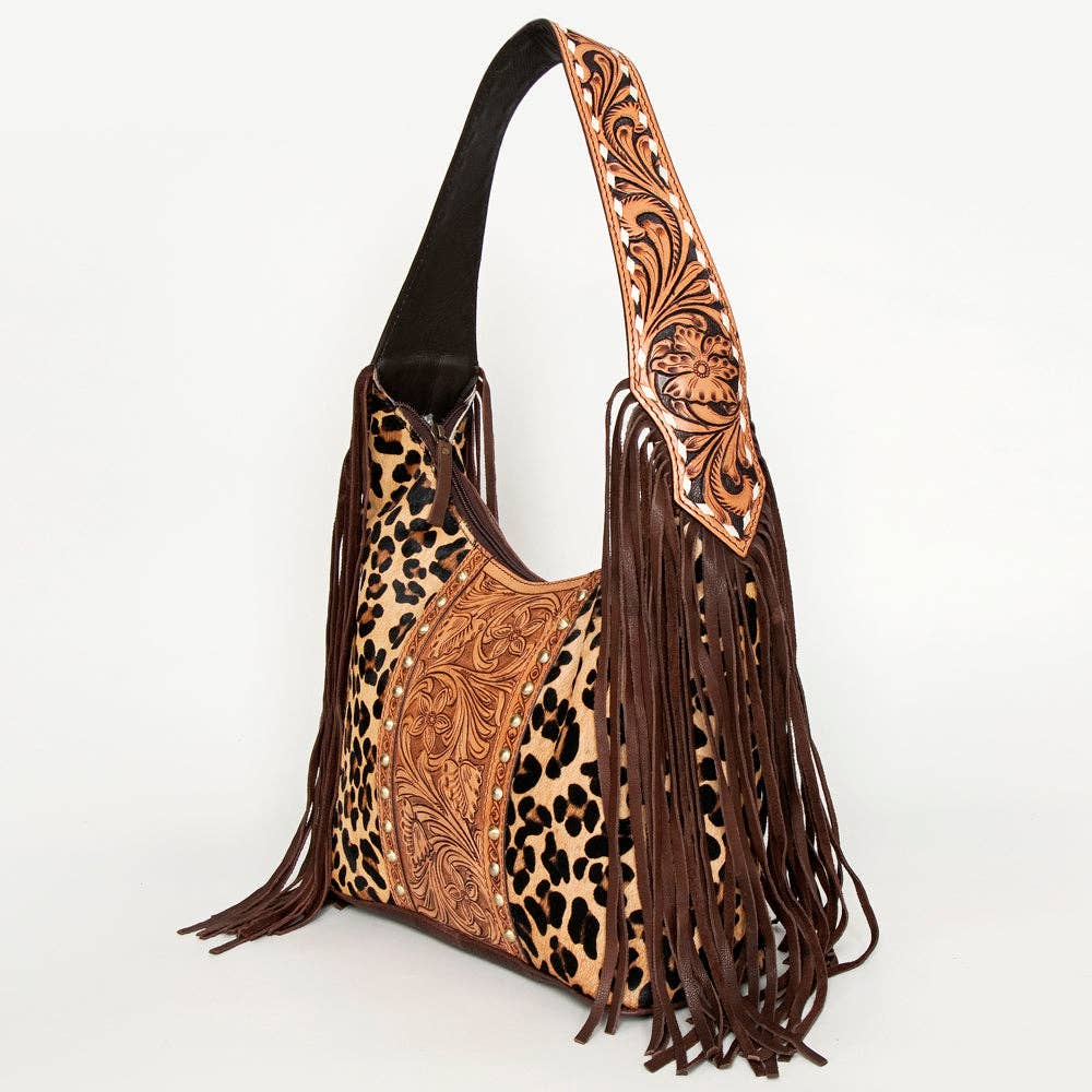 Wild Tooled Leather & Leopard Fringe Hobo Bag