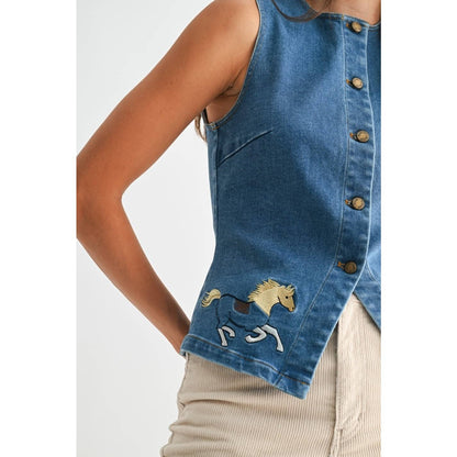 Wild Grace Horse Embroidered Denim Vest