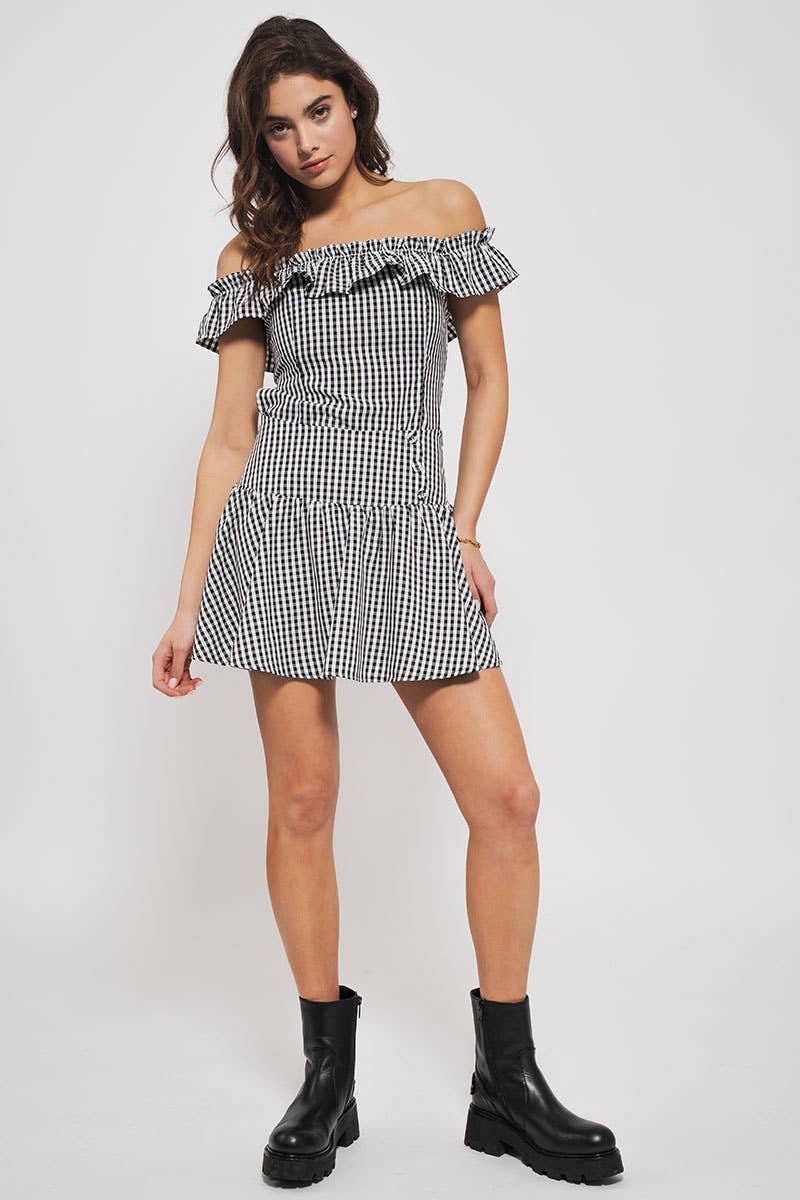 Midnight Picnic Gingham Ruffle Crop Top – Black
