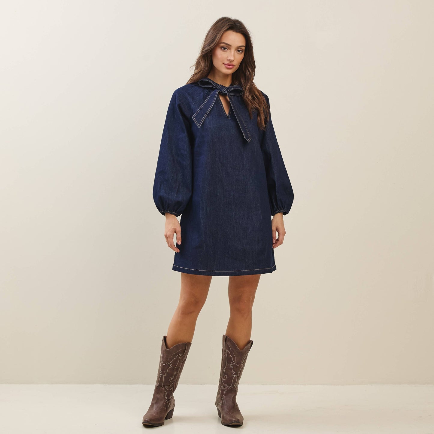 Indigo Bow Front Denim Mini Dress
