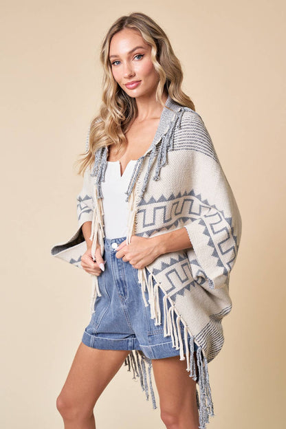 Cream Fringe Open Thick Knit Poncho
