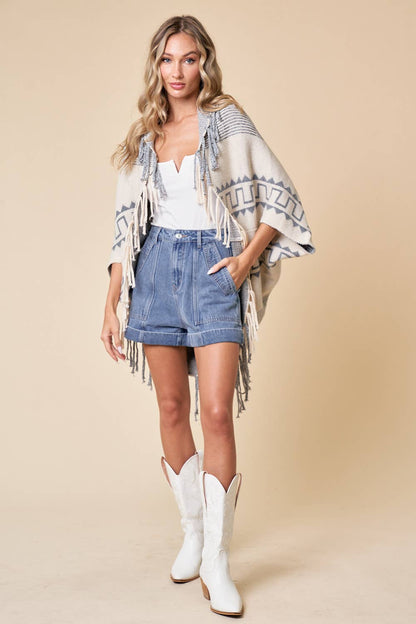 Cream Fringe Open Thick Knit Poncho