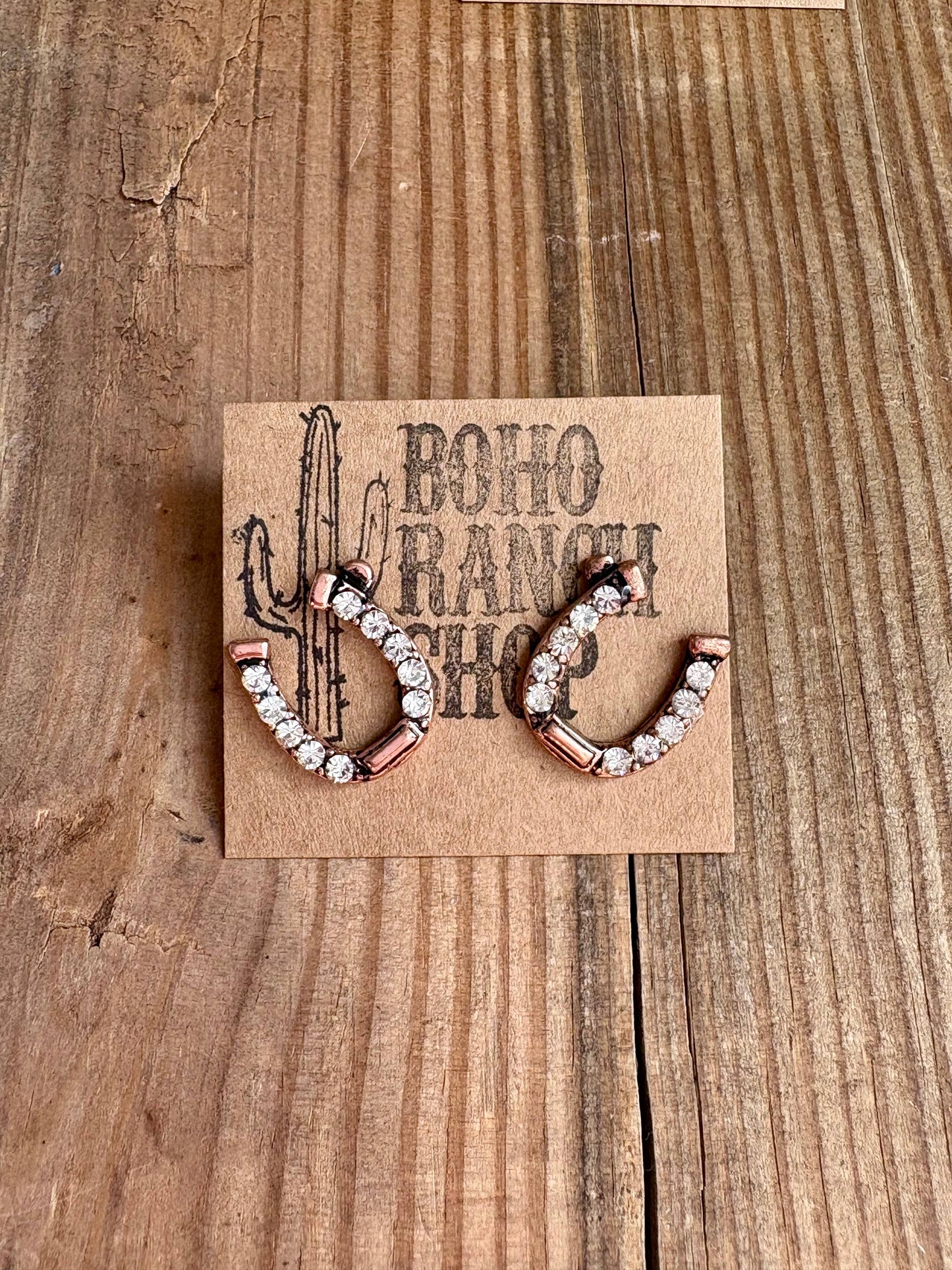 Copper Rhinestone Horseshoe Stud Earrings