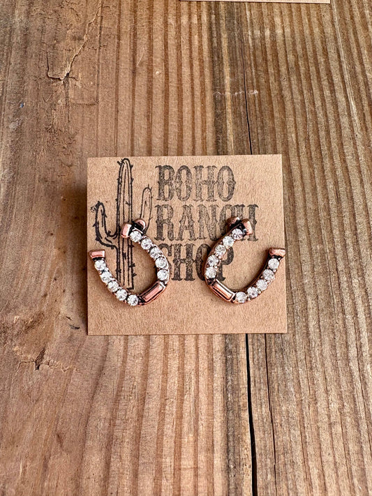 Copper Rhinestone Horseshoe Stud Earrings