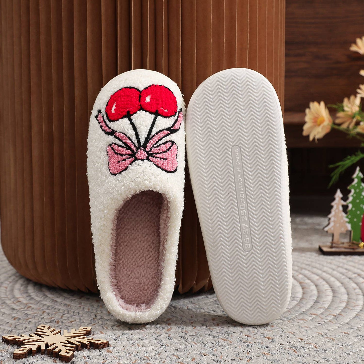 Christmas Bownot Cherry Plush Slippers | Willow & Nash