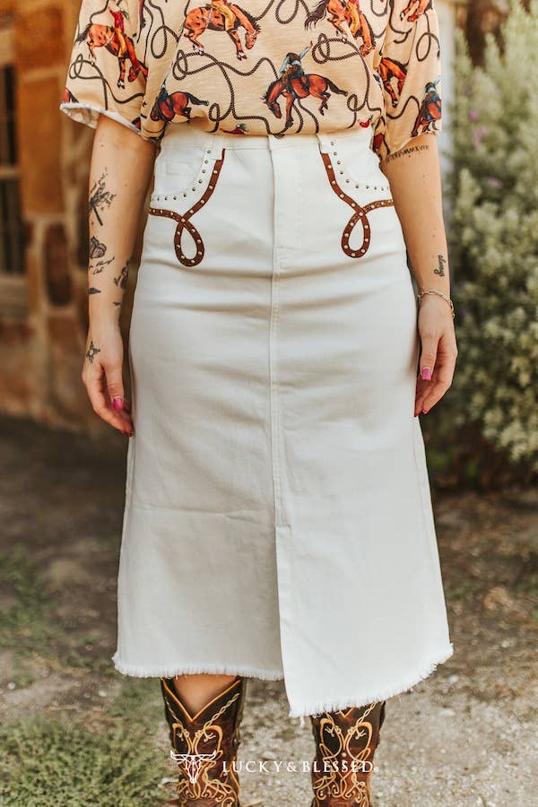 Saddle Stud White Denim Midi Skirt