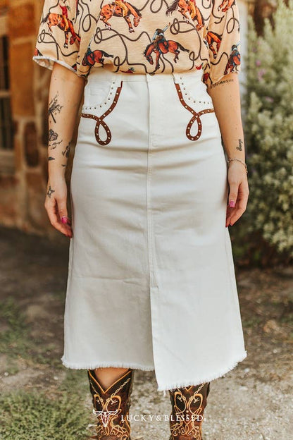Saddle Stud White Denim Midi Skirt