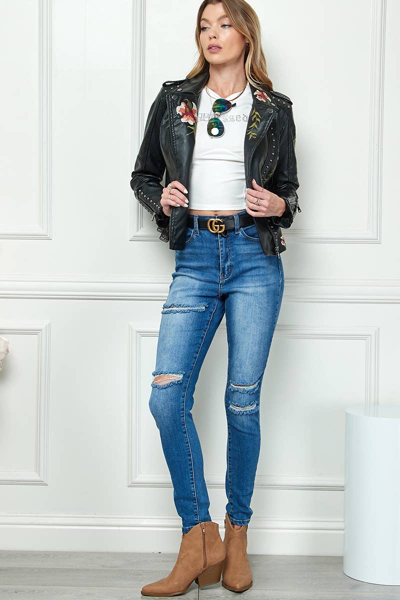 Wildflower Embroidered Vegan Leather Jacket