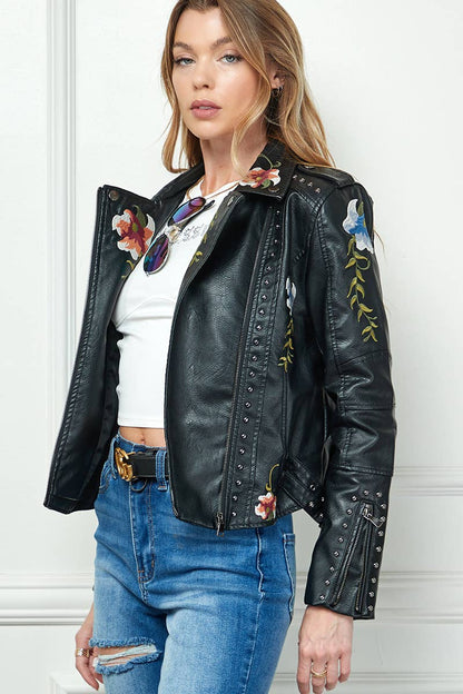 Wildflower Embroidered Vegan Leather Jacket