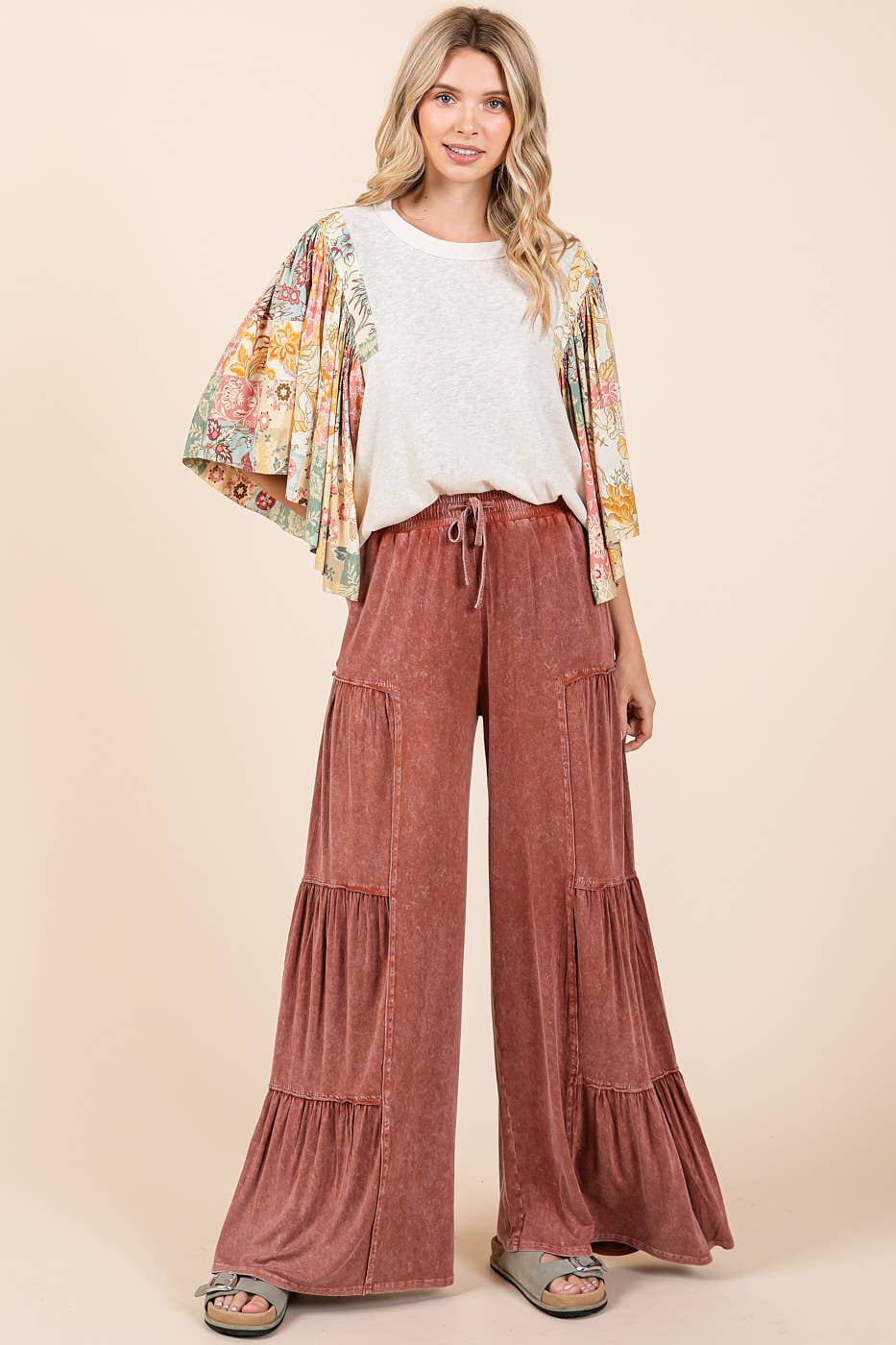 MINERAL WASH TIERED WIDE LEG  PANTS -  SIENNA