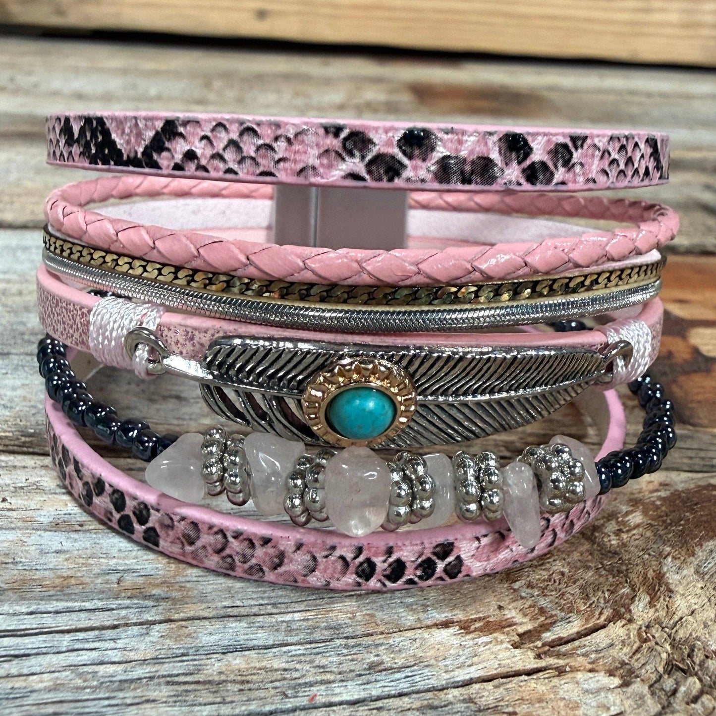 Blush Feather Boho Wrap Bracelet