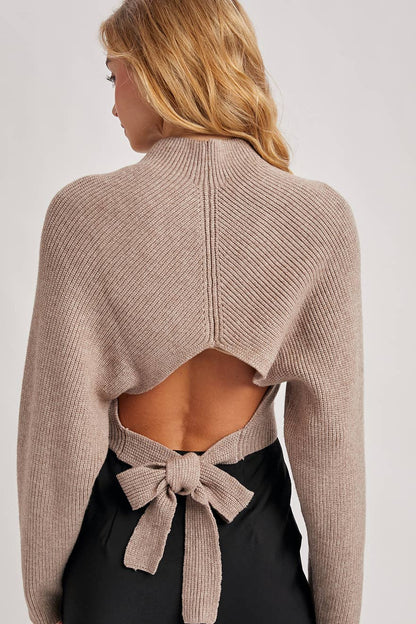 Mock Neck Open Back Bow Sweater