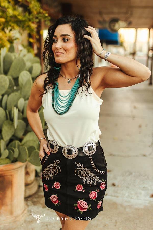 Black Stretch Suede Floral Embroidered Mini Skirt