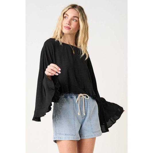 Midnight Muse Butterfly Sleeve Ruffle Hem Top