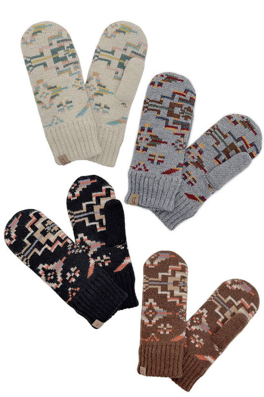 Aztec Knit Mittens with Ribbed Cuff