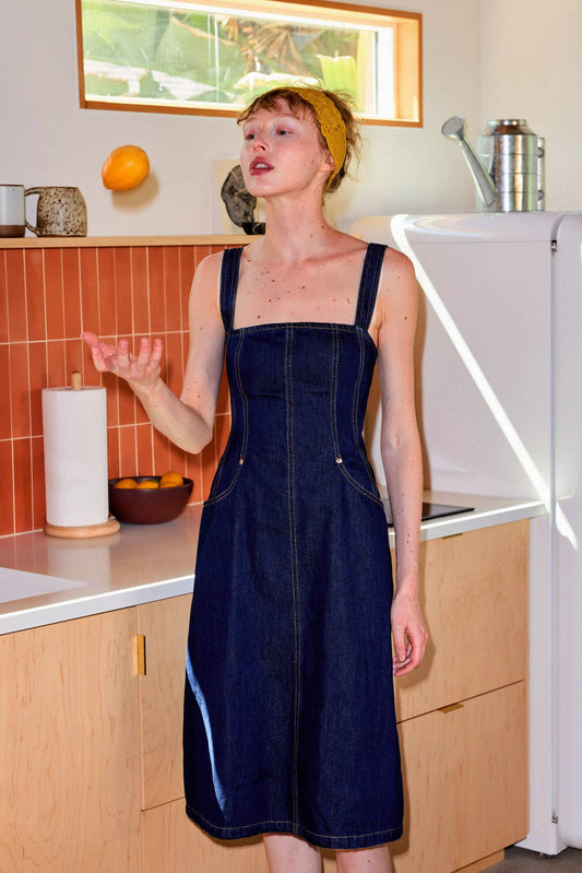 Smocking Back Denim Overall Midi Dress