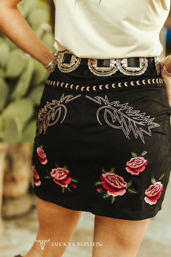 Black Stretch Suede Floral Embroidered Mini Skirt