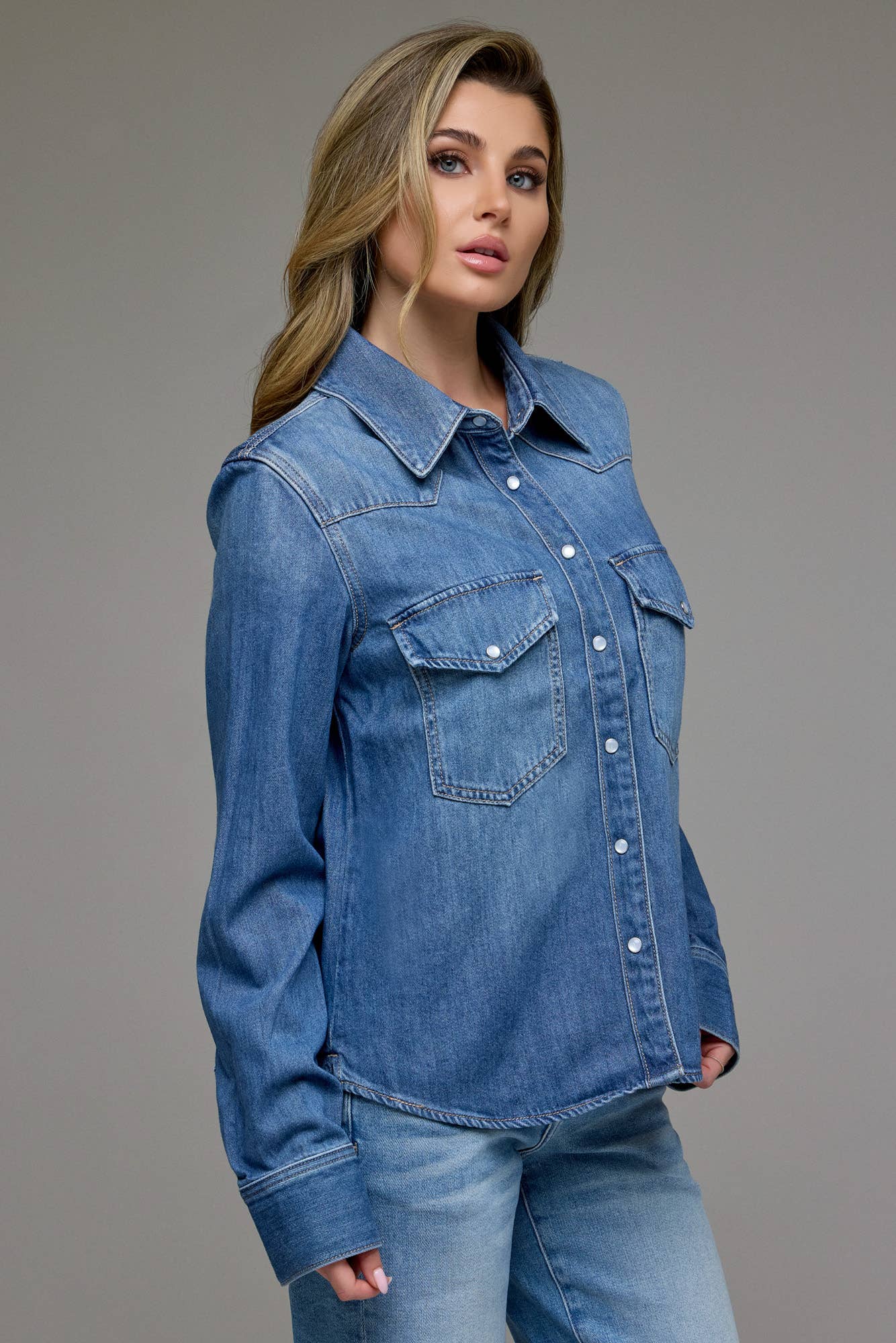 Medium Wash Basic Western Shirt