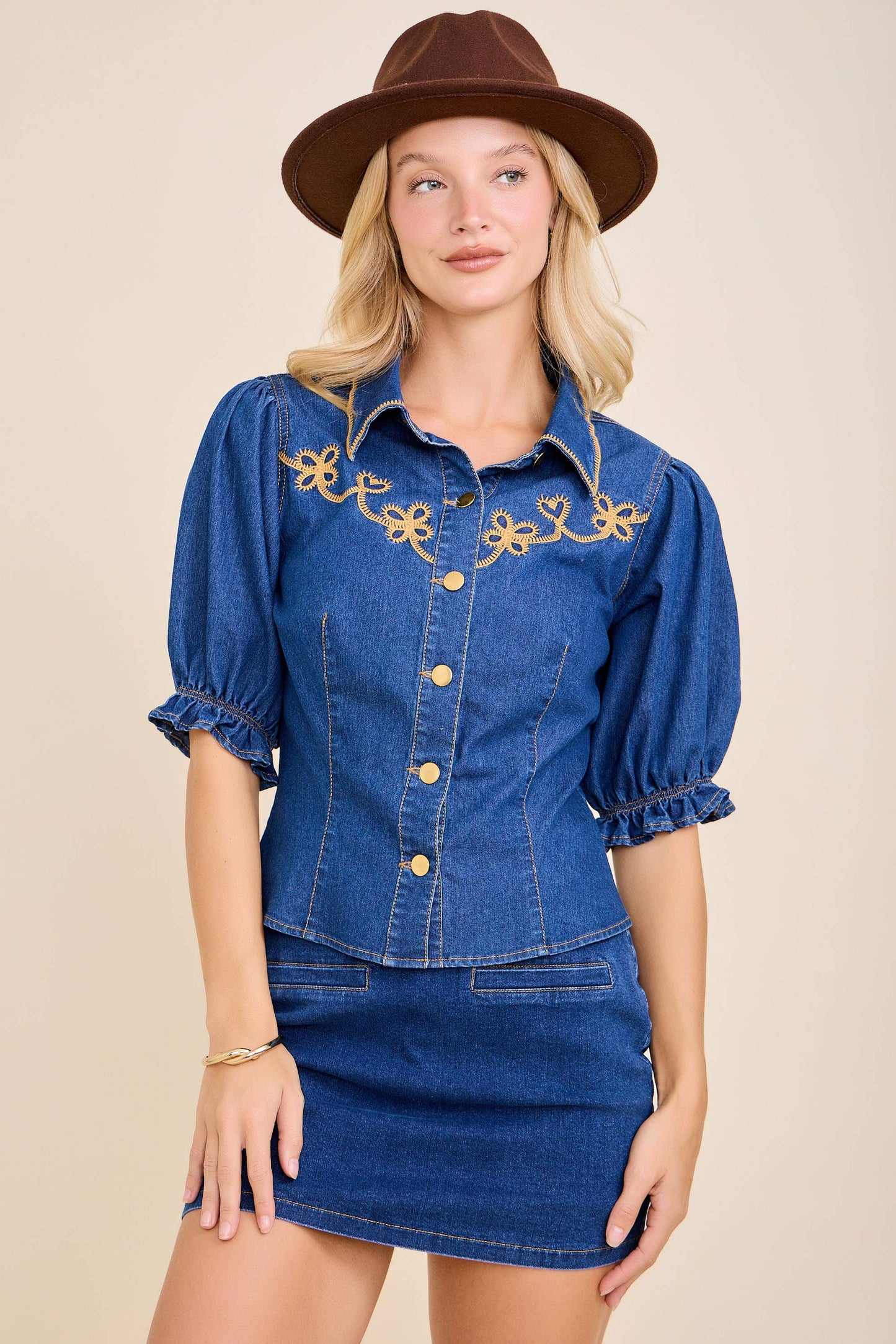 Golden Prairie Embroidered Denim Blouse