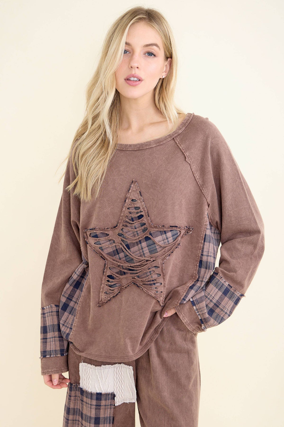 Distressed Star Patch Plaid Top
