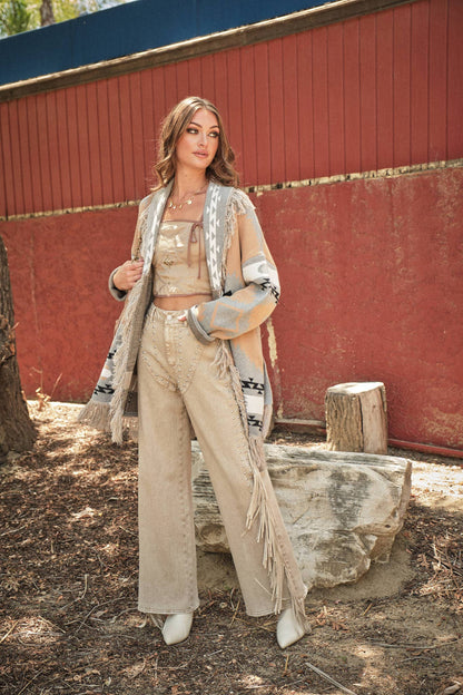 Frontier Fringe Belted Western Knit Cardigan