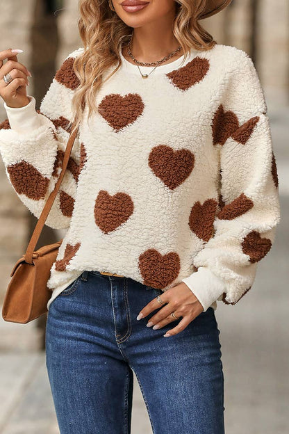 Heart Print Sherpa Pullover Sweater