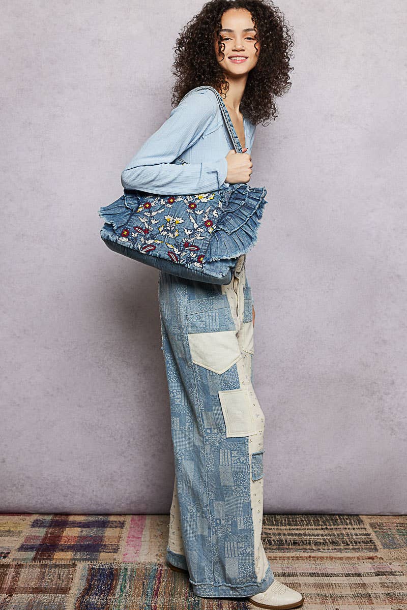 Vintage Wash Embroidered Ruffle Denim Tote