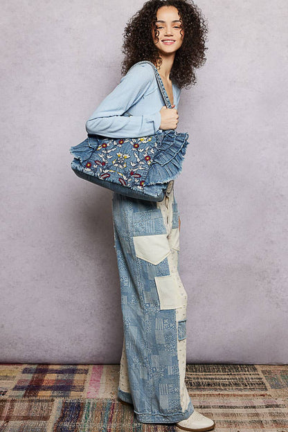 Vintage Wash Embroidered Ruffle Denim Tote