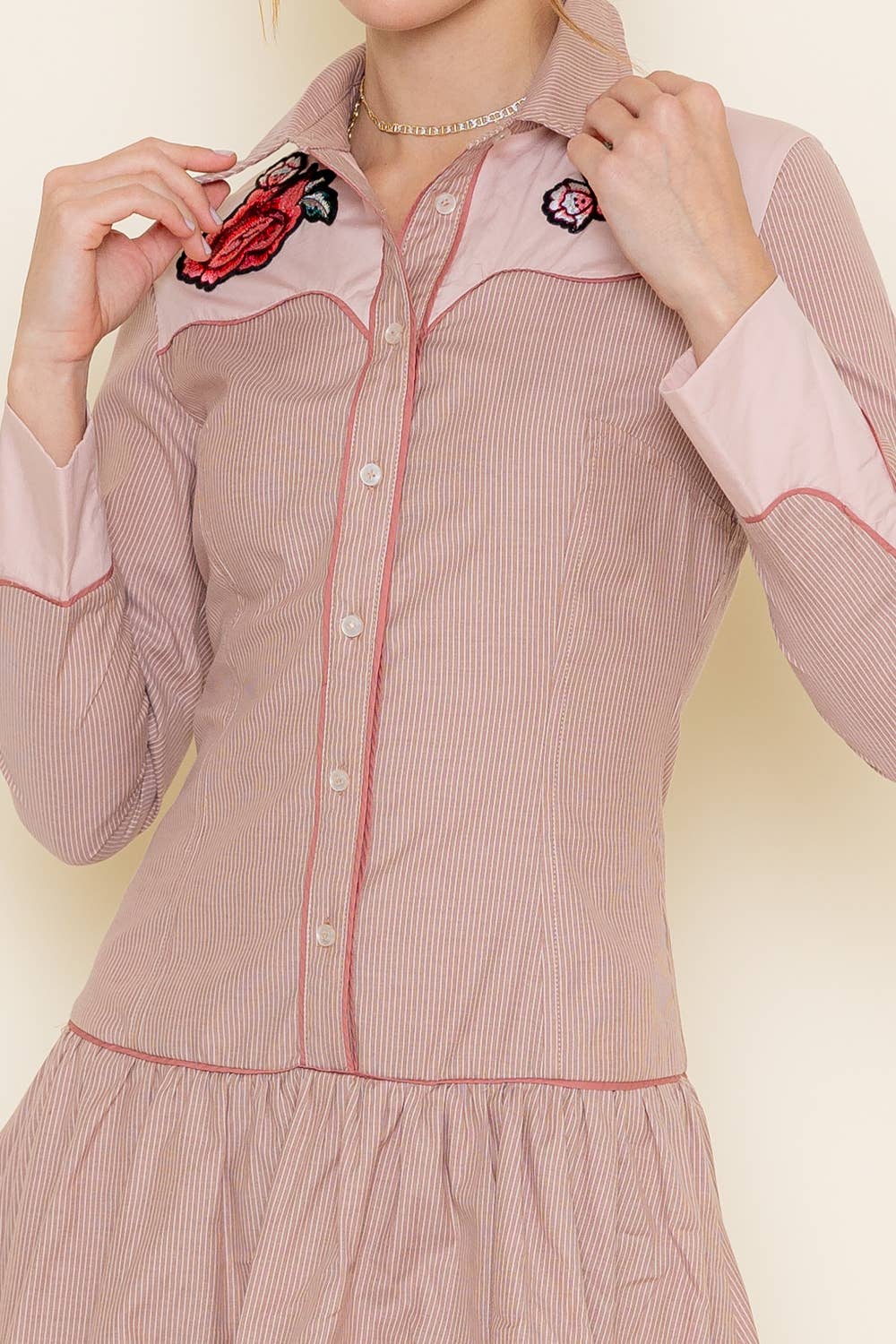 Southwestern Rose Embroidered Shirt Dress - Desert Bloom Charm