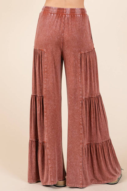 MINERAL WASH TIERED WIDE LEG  PANTS -  SIENNA