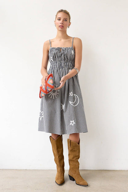 Gingham Embroidered Midi Dress