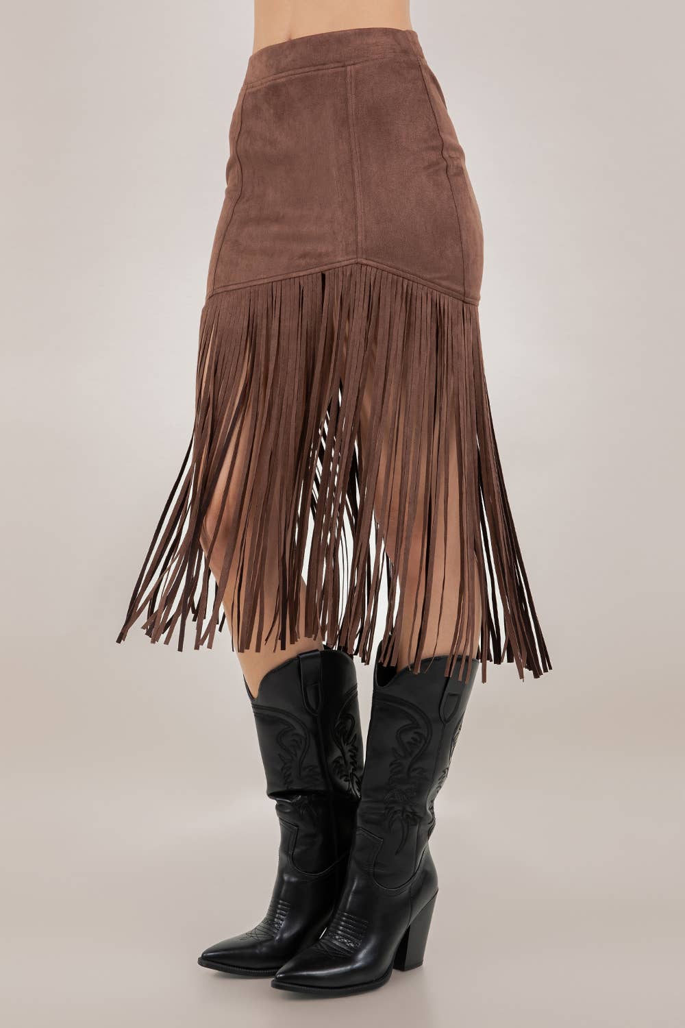 Whiskey Nights Chocolate Fringe Faux Suede Midi Skirt