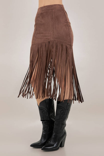Whiskey Nights Chocolate Fringe Faux Suede Midi Skirt