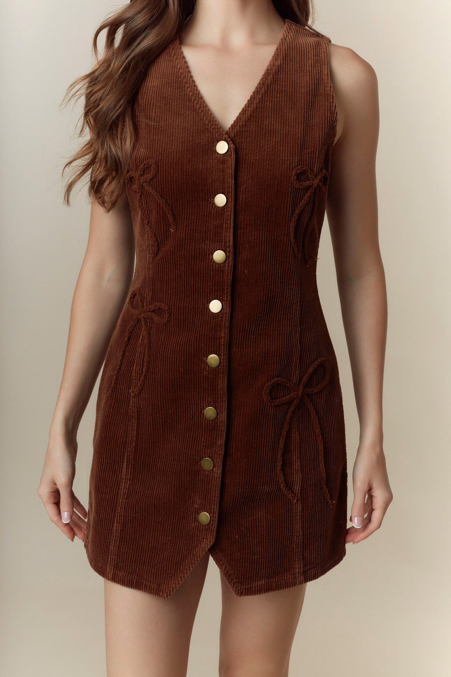 Bow Detailed Corduroy Vest Mini Dress