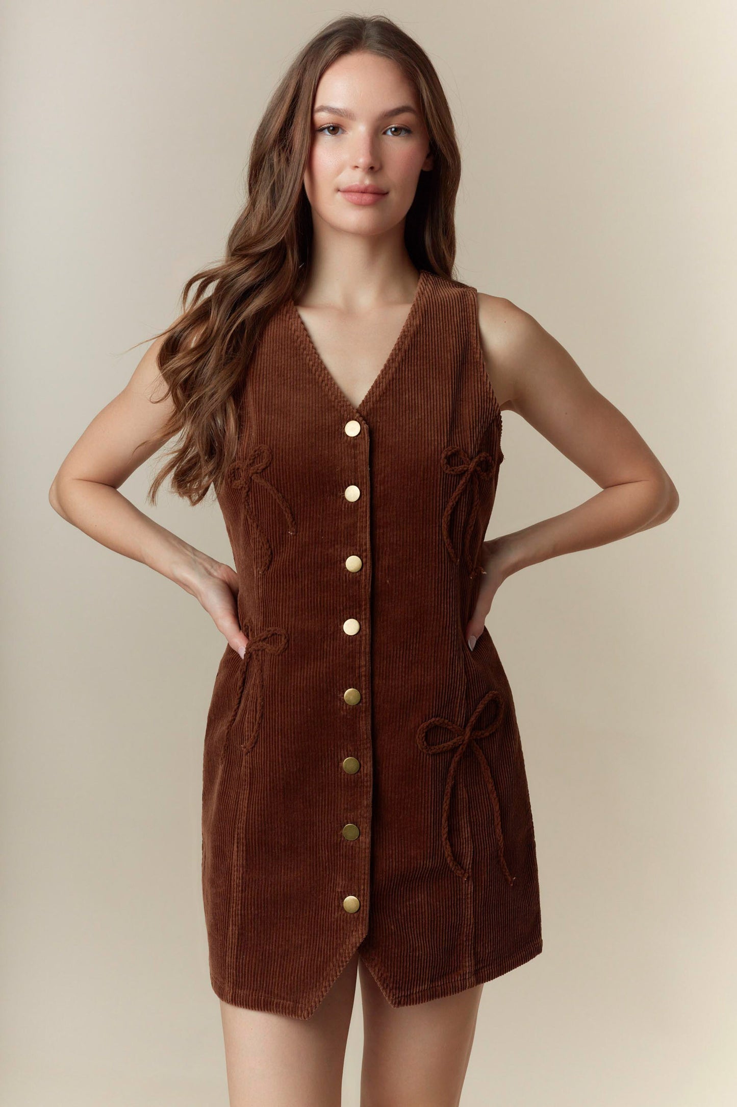 Bow Detailed Corduroy Vest Mini Dress