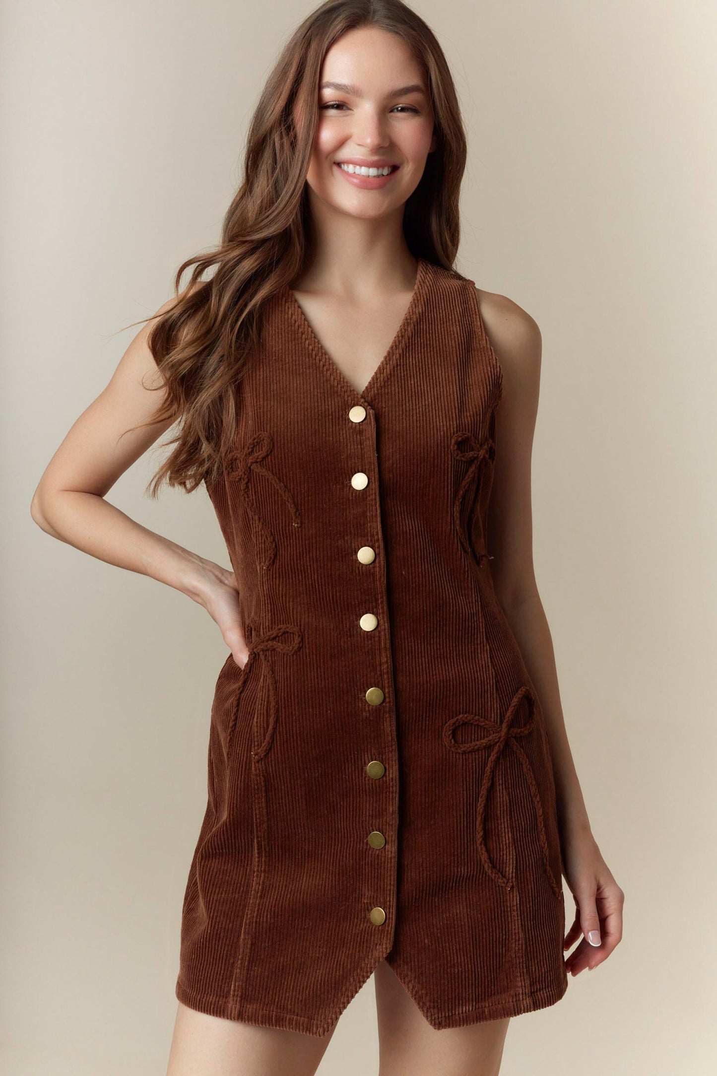 Bow Detailed Corduroy Vest Mini Dress