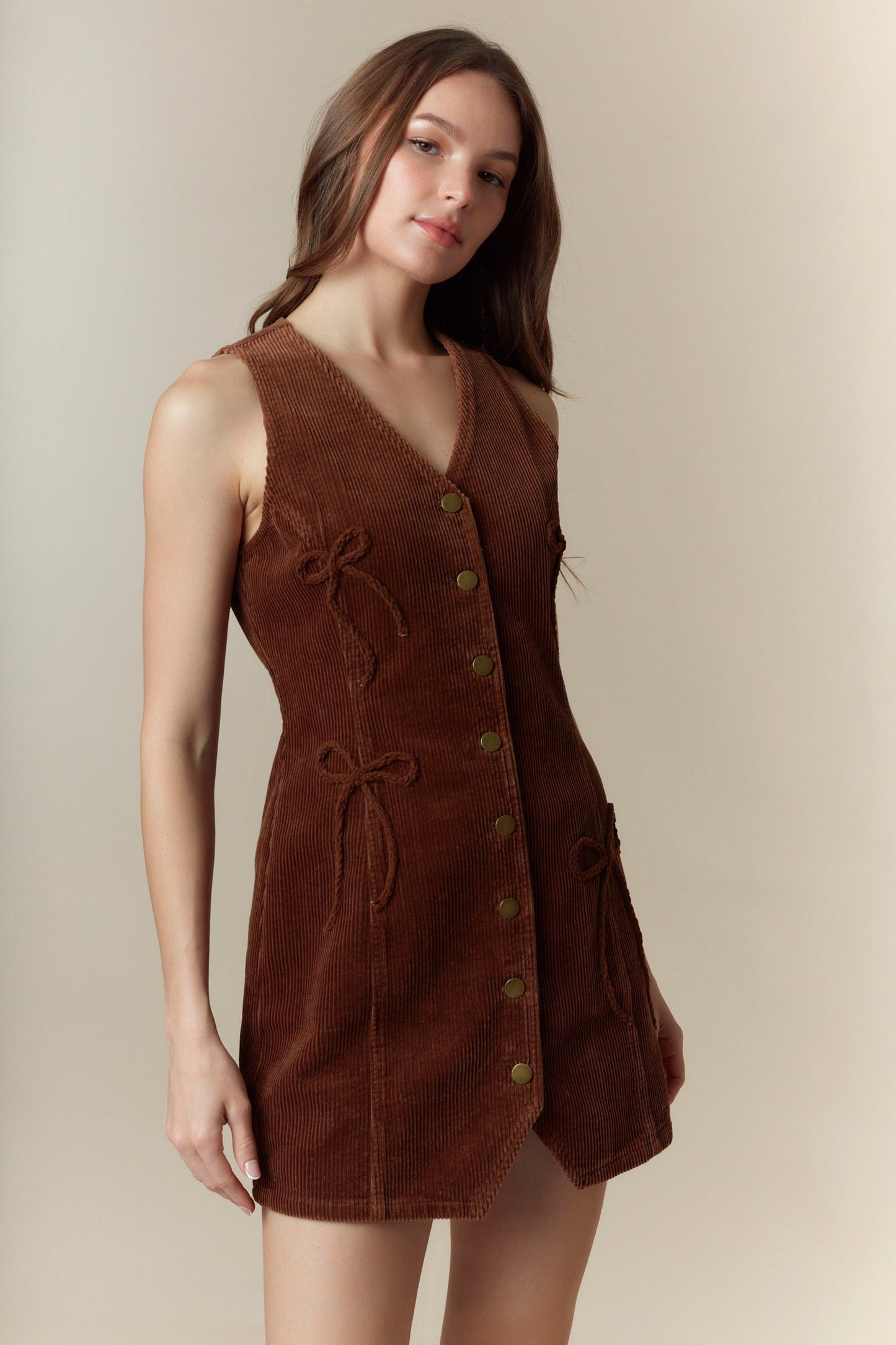 Bow Detailed Corduroy Vest Mini Dress