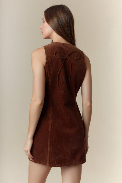 Bow Detailed Corduroy Vest Mini Dress