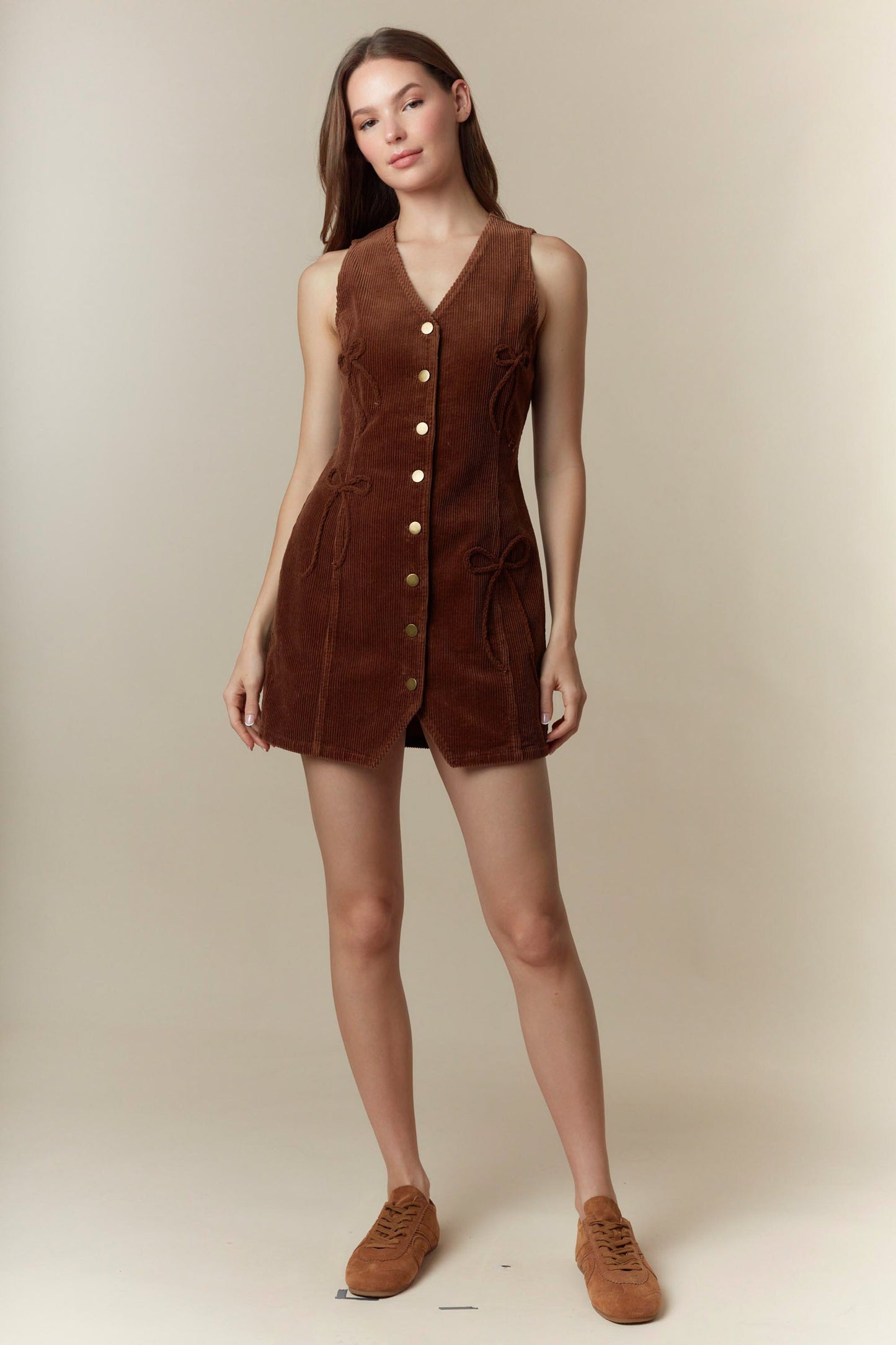 Bow Detailed Corduroy Vest Mini Dress