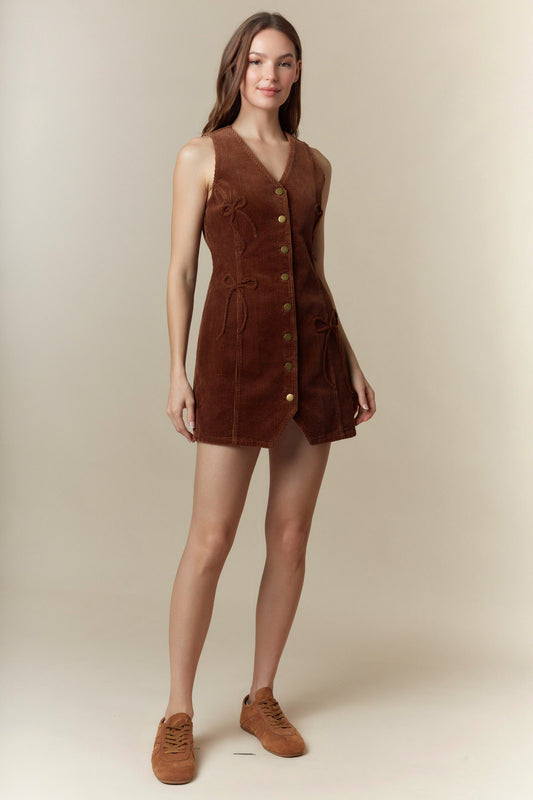 Bow Detailed Corduroy Vest Mini Dress