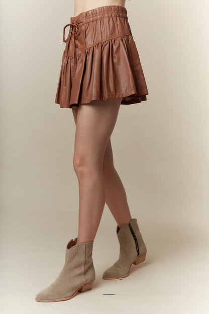 Faux Leather Bow-Tied Ruffle Mini Skirt with Pin-Tuck Detail