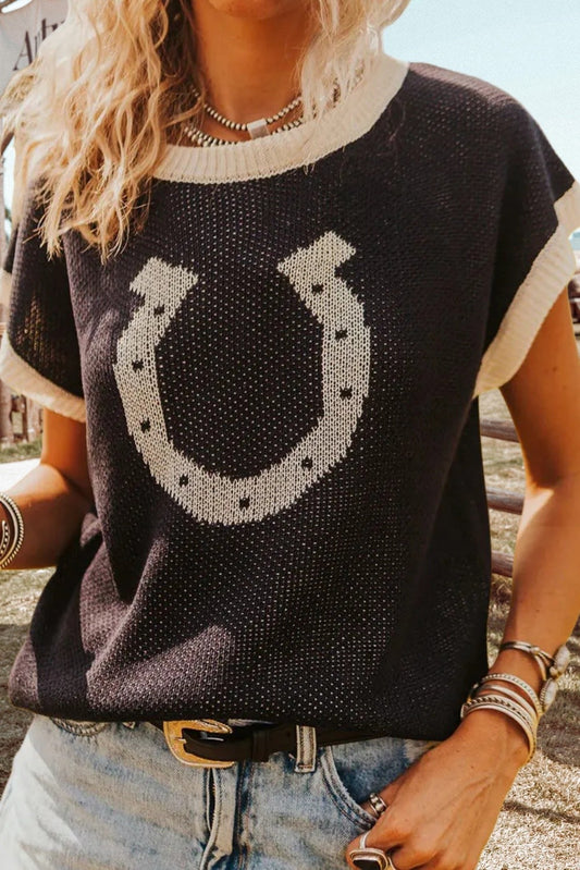 Horseshoe Contrast Trim Short Sleeve Western Sweater – Black